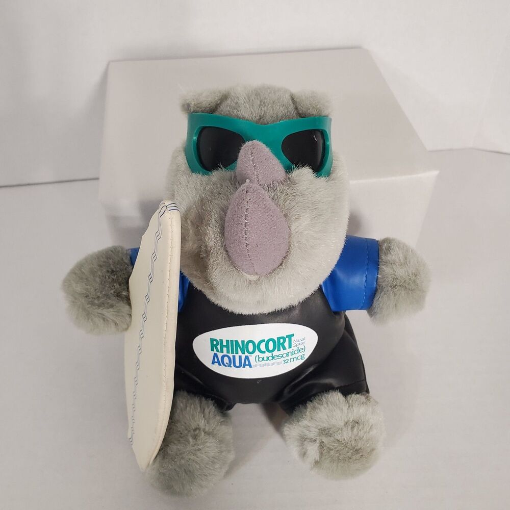 Rhinocort Aqua‎ Nasal Spray Plush Stuffed Animal Rhinoceros Surfboard Soft Toy - Picture 3 of 13